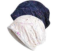 WULIQIUQIU Womens Chemo Beanie Hat Cancer Cap Stretch Slouchy Turban Headwear C-White+Blue