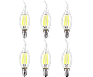 WULUN 6 Pack 6W E14 Bulb Filament LED Flame Candle 6500K Cool White Equivalent Bulbs Incandescent Halogen 60W Dimmable AC220-240V