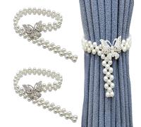 WUMUZAI 2 Pack Beaded Pearl Butterfly Elastic Curtain Tiebacks, Decorative Curtain Tie Hold Backs, Boho Farmhouse Curtain Pull Backs Bow, Cute Curtain Buckle Clip Holders for Drape Decor (Silver)