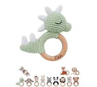 wunderwunsch - Personalised Teething Ring Baby - Cute Grasping Toy for Babies from 0 Months - Baby Rattle with Name as a Baby Gift for Girls and Boys (Dino Green, No Name)