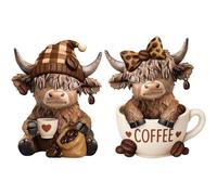 Wuneiox 2 Pcs Highland Cow Ornaments, Highland Cow Gifts, Coffee Gnomes Scottish Decor, Resin Statue Calf Lovers Gifts for Christmas, Highland Cow Figurines for Living Room, Kitchen, Home