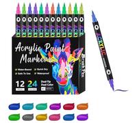 Wuneiox 24 Colors Acrylic Markers 12pcs, Acrylic Pens for Creative Projects and DIY Art, Acrylic Paint Pens for Rock Painting Fabric Glass Ceramic Wood Metal, Dual-Tip with 6.5 Inch Length Markers