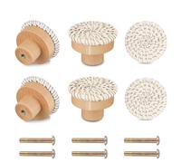 Wuneiox 6PCS Drawer Knobs with Screws, Cupboard Knobs, Wooden Cabinet Knob, Round Boho Rattan Design, Durable Modern Design, Vintage Drawer Handles for Home Decor, Cupboard, Wardrobe, White