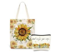 Wuneiox Sunflower Bible Tote Bag with Makeup Bag, Christian Gifts for Women | Double-Sided Printed Canvas Tote Bags, Inspirational Religious Gifts & Christian Gifts for Women for Church Daily Shopping