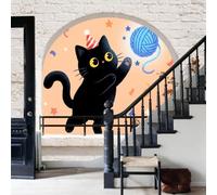 WunM Studio 3D Imitation Brick Effec, 368x254cm Wallpaper Decals Murals Non-Woven Wall Art,Cartoon Animal Cats Cat and Yarn Ball Living Room Bedroom,Black