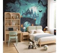 WunM Studio 3D NO-Self Adhesive Wall Mural Castle, Pumpkin, bat Dark Gothic Halloween Pattern Not Peel and Stick Wallpaper Non Woven Fabric Wall Decor for Bedroom Living Room,78" H x 55.1" W