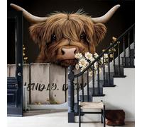 WunM Studio 3D NO-Self Adhesive Wall Mural Rustic Farmhouse Print Animal Highland Daisy Pattern Not Peel and Stick Wallpaper Non Woven Fabric Wall Decor for Bedroom Living Room,157" H x 110" W