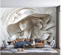 WunM Studio 3D relief Fabric Wallpaper Light gray Panoramic 3D woman wearing a hat Texture Mural Living Room 200x140cm 78" H x 55.1" W (Not Peel and Stick)