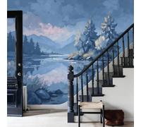 WunM Studio 59" H x 41" W Thick Indigo Trees Wallpaper Not Peel and Stick Lake Reflection Paper Non Woven Fabric Wall Stickers for Bedroom Bathroom Garage Pantry Basement Walls