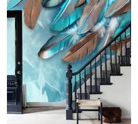WunM Studio Bohemian Style Feathers Print Fantasy Feathers Photo Mural Nature Wallpaper Wall Covering of Modern Painting with Turquoise Wall Art Home Office Decoration,Non Self Adhesive,368x254cm