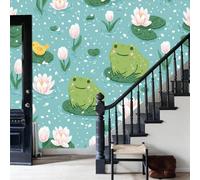 WunM Studio Cartoon frog and water lily pattern Fabric Wallpaper blue-green Retro tulip polka dot Texture Mural Living Room 350x256cm 137.8" H x 100" W (Not Peel and Stick)