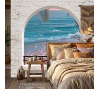 WunM Studio Cream Brick Wall Mural Wallpaper Summer Atmosphere Beach and Palm Leaves Paste the Wall Non Self Adhesive for Living Room Bedroom Office Decor,184x127cm,（Non-self-Adhesive）