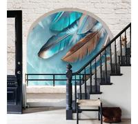 WunM Studio Cream Imitation Brick Effect Wall Mural,Non-Woven Fabric Bohemian Style Feathers Fantasy Feathers for Living Room Bedroom,Turquoise,300x210cm,Decorative Background Mural,Non-self-Adhesive