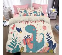 WunM Studio Duvet Cover Double Reversible Smiling Gift Dinosaur Happy Birthday Cartoon Animals Bedding with Zipper Cream Quilt Cover for All Seasons 200 * 200cm Soft Microfiber Adults & Kids