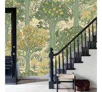 WunM Studio English Forest Pattern Fabric Wallpaper Sage Green Retro Floral Texture Mural Living Room Feature Wall Premium Photo Wallpaper 200x140cm/ 78" H x 55.1" W (Not Peel and Stick)