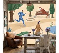 WunM Studio Flat Modern Illustration Fabric Wallpaper Beige Fun Sports Figures Texture Mural Living Room Feature Wall Premium Photo Wallpaper 250x175cm /98.4" H x 68.9" W (Not Peel and Stick)