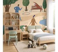 WunM Studio Flat Modern Illustration Fabric Wallpaper Beige Fun Sports Figures Texture Mural Living Room Feature Wall Premium Photo Wallpaper 300x210cm,118" H x 82.6" W (Not Peel and Stick)