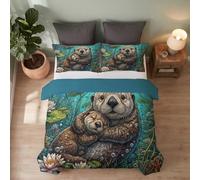 WunM Studio Forest wildlife Duvet Cover Set Double,Otter, water lily Bedding Set with Pillowcases,Landscape 3D Printed Microfiber Quilt Cover,House Bedroom Decor,200 * 200cm