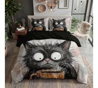 WunM Studio Greige Single Duvet Set - Single Bedding Set, Animal Funny Portraits Bedding | Black Cat Coffee Cup Bed Set with 2 Pillowcases, Soft Microfiber Duvet Cover,135 * 200cm