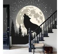 WunM Studio grey 3D Wolf Bohemian Animals Wall Paper Decor for Bedroom Bathroom Ceiling Self Adhesive Fantasy starry sky and forest Contact Paper for Walls Cabinets,Not Self Adhesive Wall Mural