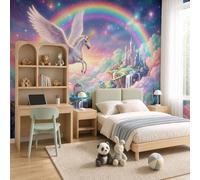 WunM Studio Large Wall Mural Wallpaper Cloud Animal Pegasus Rainbow, Castle Paste the Wall Non Self Adhesive for Living Room Bedroom Office Decor,368x254cm,（Non-self-Adhesive）
