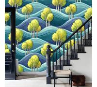 WunM Studio Large Wall Mural Wallpaper Healing Watercolor Forest Tree Waves Paste the Wall Non Self Adhesive for Living Room Bedroom Office Decor,184x127cm,（Non-self-Adhesive）