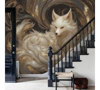 WunM Studio Large Wall Mural Wallpaper White Animal Nine-Tailed Fox Golden Swirl Pattern Paste the Wall Non Self Adhesive for Living Room Bedroom Office Decor,184x127cm,（Non-self-Adhesive）