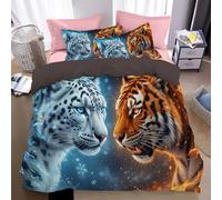 WunM Studio Microfiber Duvet Cover Set,Includes 1 Duvet Cover and 1 Pillowcases,Machine Washable,Minimalist Animals: tigers and snow leopards Bedding Set,Fantasy Flame and Snow Pattern,Single