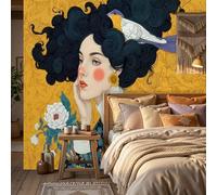 WunM Studio Non Self Adhesive Wall Mural Wallpaper Animal, bird, and flower patterns A woman's glamorous portrait Paste the Wall Large Wallpaper for Bedroom Living Room Decor,gold,150x105cm