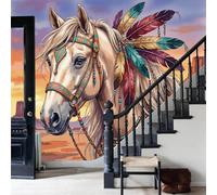 WunM Studio Non Self Adhesive Wall Mural Wallpaper Bohemian animals Colorful Indian Feather Animal Horse Paste the Wall Large Wallpaper for Bedroom Living Room Decor,brown,400x280cm