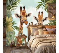 WunM Studio Non Self Adhesive Wall Mural Wallpaper Cartoon Wild Animals Giraffe and Palm Leaf Paste the Wall Large Wallpaper for Bedroom Living Room Decor,Green,184x127cm