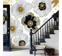 WunM Studio Non Self Adhesive Wall Mural Wallpaper Gold foil poppy Elegant floral pattern Paste the Wall Large Wallpaper for Bedroom Living Room Decor,black,150x105cm
