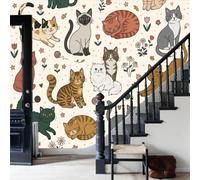 WunM Studio Non Self Adhesive Wall Mural Wallpaper Healing Cartoon Animals Cat and Yarn Ball Paste the Wall Large Wallpaper for Bedroom Living Room Decor,Beige,300x210cm