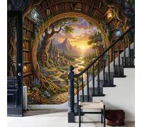 WunM Studio Non Self Adhesive Wall Mural Wallpaper Jungle Arches and Books Wooden Library Paste the Wall Large Wallpaper for Bedroom Living Room Decor,Black,400x280cm