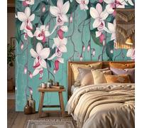 WunM Studio Non Self Adhesive Wall Mural Wallpaper Phalaenopsis orchid flower pattern Natural concrete walls Paste the Wall Large Wallpaper for Bedroom Living Room Decor,Blue-green,350x256cm