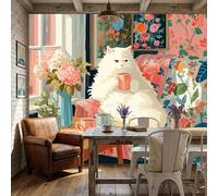WunM Studio Not Self Adhesive Wall Mural 3D A warm and elegant white cat Bright floral pattern Removable Wallpaper 300x210cm 1 118" H x 82.6" W 2 Stick Wall Art for Living Room Bedroom Decor