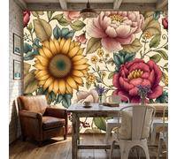 WunM Studio Not Self Adhesive Wall Mural 3D Retro floral pattern Peony and sunflower Removable Wallpaper 350x256cm 1 137.8" H x 100" W 2 Stick Wall Art for Living Room Bedroom Decor