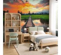 WunM Studio Paste the Wall Wall Mural Non-Woven Fabric American Rural Natural Scenery Sunset Over Wooden Bridge and Rice Paddies for Living Room Bedroom,Warm Orange,250x175cm