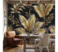 WunM Studio Paste the Wall Wall Mural Non-Woven Fabric Black and Golden Tropical Plants Banana Leaf and Palm Leaf Pattern for Living Room Bedroom,Gold,184x127cm