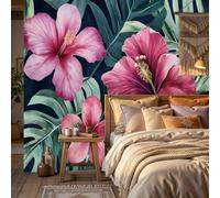 WunM Studio Paste the Wall Wall Mural Non-Woven Fabric Tropical Plants and Flowers Hibiscus, Poppy, Monstera for Living Room Bedroom,Rose Pink,300x210cm