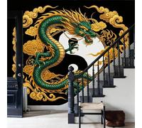 WunM Studio Paste the Wall Wall Mural Non-Woven FabricCloud patterns and yin-yang symbols Magnificent Power Mysterious Animal Dragon for Living Room Bedroom,Golden Green,300x210cm