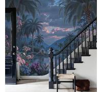 WunM Studio Paste the Wall Wallpaper Bohemian subtropical Natural Scenery,Flamingo Coconut Tree Non Self Adhesive Wall Mural for Living Room Bedroom Large Wall Decor,Light Blue,184x127cm