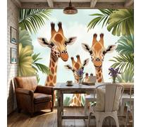 WunM Studio Paste the Wall Wallpaper Cartoon Wild Animals,Giraffe and Palm Leaf Non Self Adhesive Wall Mural for Living Room Bedroom Large Wall Decor,Green,184x127cm