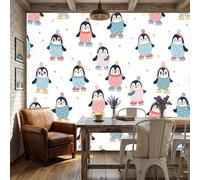 WunM Studio Paste the Wall Wallpaper Cute penguin ice skating pattern,Cartoon animal style Non Self Adhesive Wall Mural for Living Room Bedroom Large Wall Decor,White,150x105cm