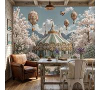 WunM Studio Paste the Wall Wallpaper Dream Circus,Flower and Cherry Blossom Hot Air Balloon Non Self Adhesive Wall Mural for Living Room Bedroom Large Wall Decor,Coral Pink,368x254cm