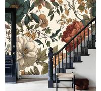 WunM Studio Paste the Wall Wallpaper English Farmhouse Pastoral Style,Peony Branches Non Self Adhesive Wall Mural for Living Room Bedroom Large Wall Decor,Orange,184x127cm