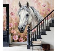 WunM Studio Paste the Wall Wallpaper Exquisite and elegant flowers,Wild animals, white horses Non Self Adhesive Wall Mural for Living Room Bedroom Large Wall Decor,pink,400x280cm