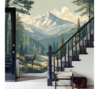 WunM Studio Paste the Wall Wallpaper Farmhouse Village,Forest Animals, Deer Scenery Non Self Adhesive Wall Mural for Living Room Bedroom Large Wall Decor,Grey,184x127cm