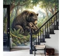WunM Studio Paste the Wall Wallpaper Forest Animal Brown Bear,Grizzly Bears and Cubs Non Self Adhesive Wall Mural for Living Room Bedroom Large Wall Decor,Off White,250x175cm