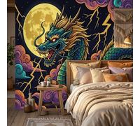 WunM Studio Paste the Wall Wallpaper Full Moon and Dragon,Ethnic retro mythology Non Self Adhesive Wall Mural for Living Room Bedroom Large Wall Decor,yellow,150x105cm